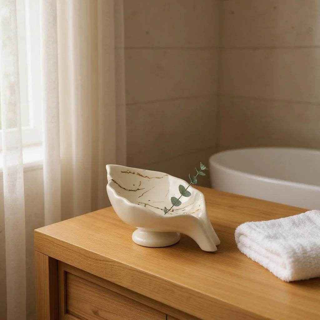 Saboneteira Cerâmica Branco com Dourado Alidolado - Alidolado