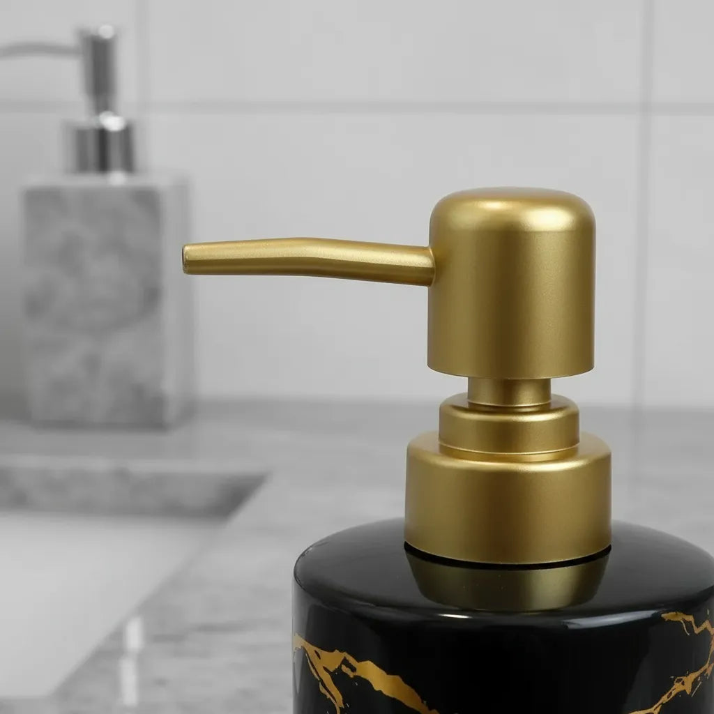Dispenser de Sabonete Cerâmico Branco Marmorizado com Tampa Dourada