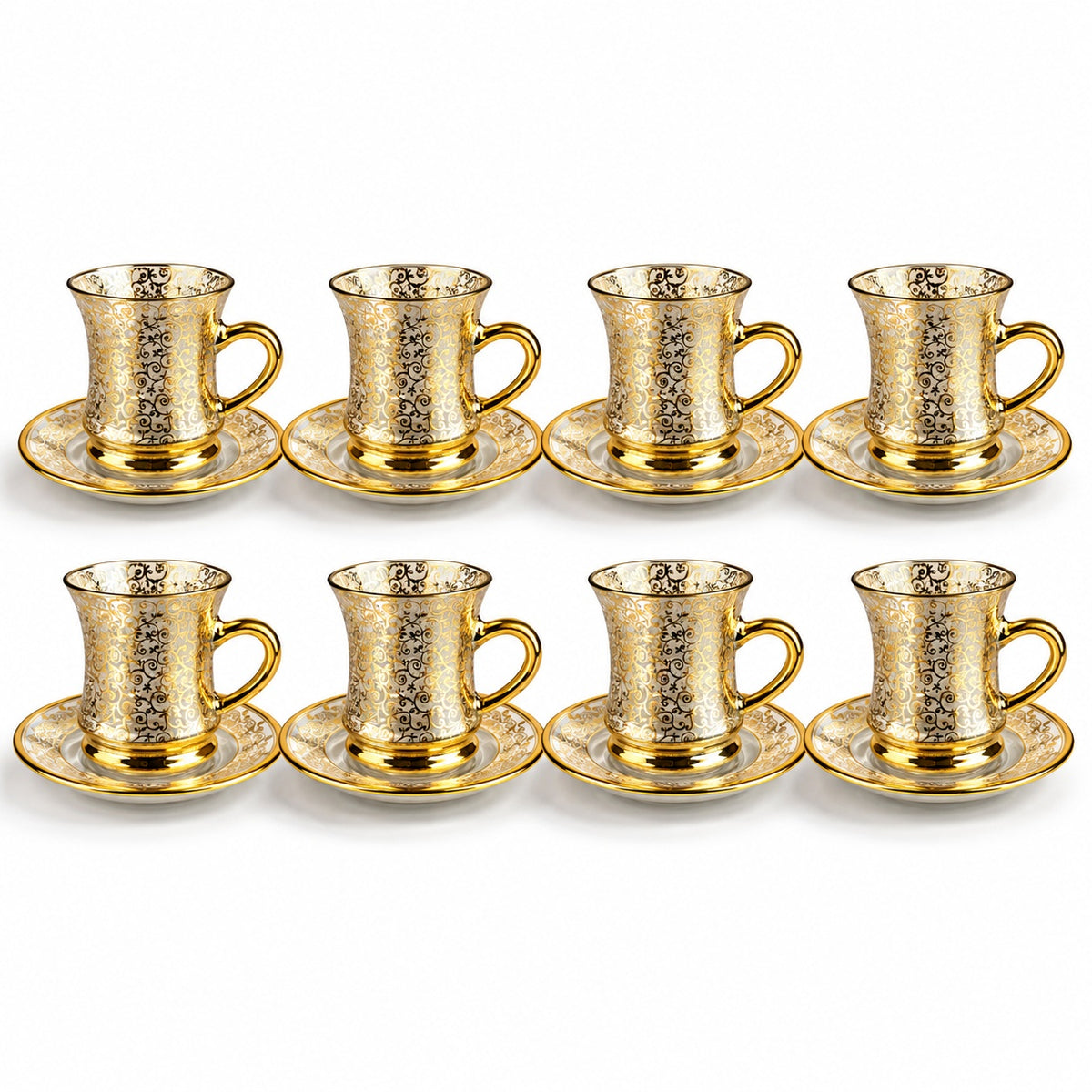 Conjunto de Xícaras Turcas de Vidro com Pires 90ml Borda Dourada Chá e Café Kit 2 a 12 Unidades Modelo Árabe
