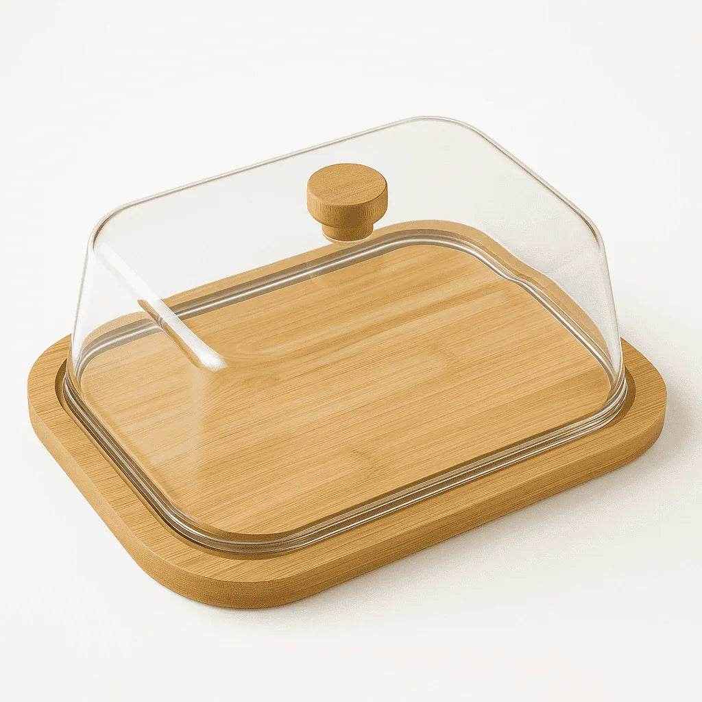 Bandeja de Vidro com Tampa e Fundo em Madeira alidolado