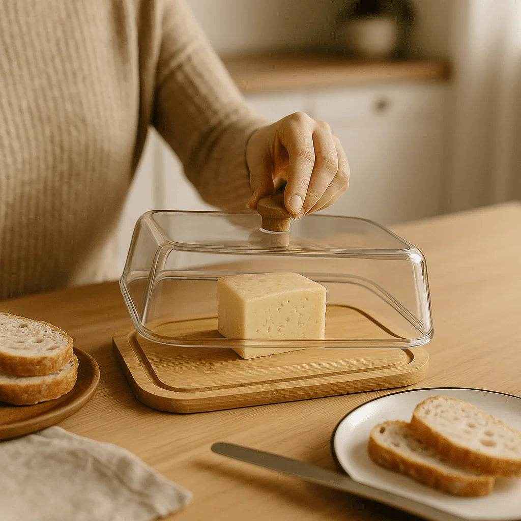 Bandeja de Vidro com Tampa e Fundo em Madeira alidolado