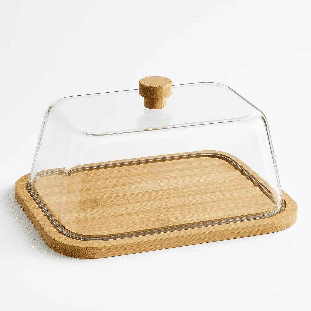 Bandeja de Vidro com Tampa e Fundo em Madeira alidolado