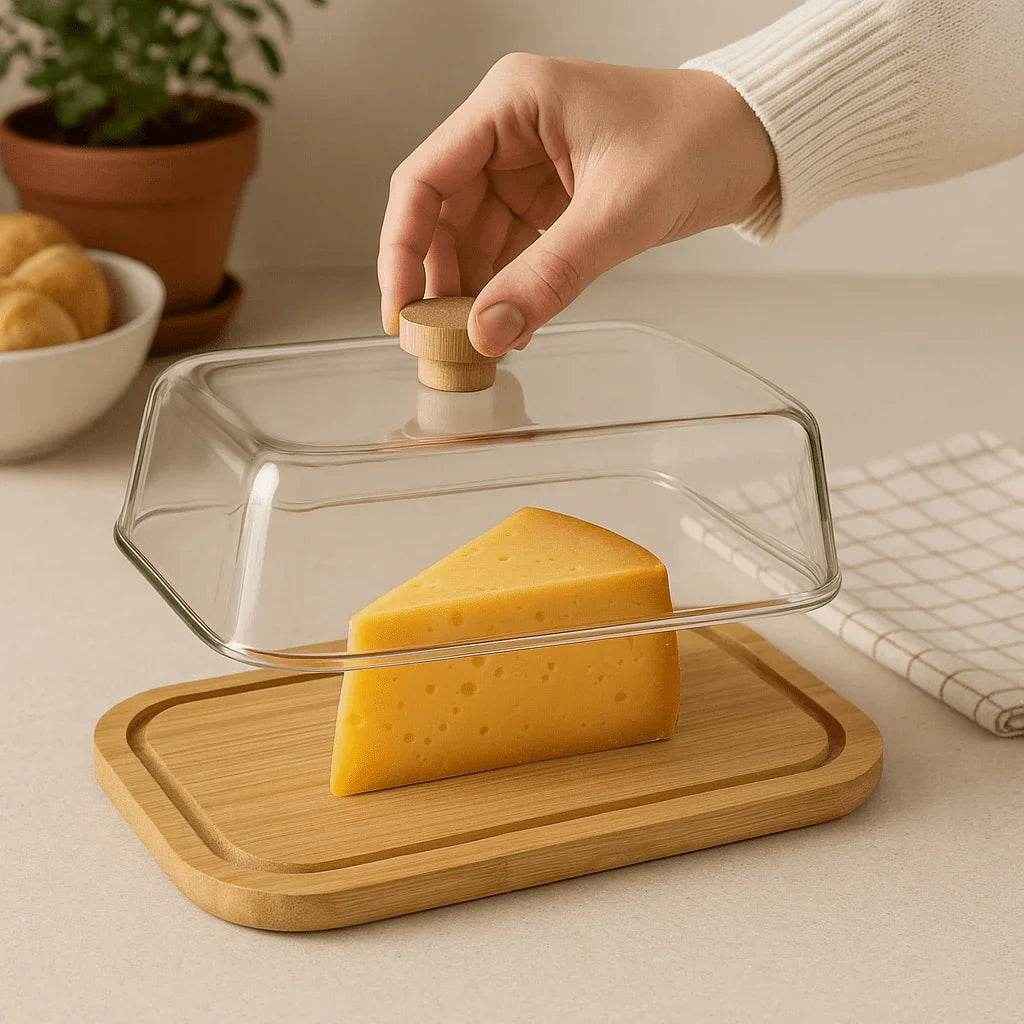 Bandeja de Vidro com Tampa e Fundo em Madeira alidolado