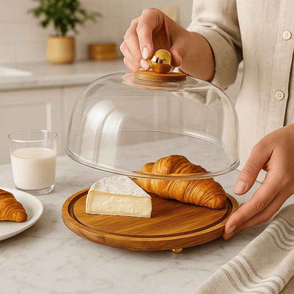 Boleira de Vidro com Suporte de Bambu Alidolado - Alidolado