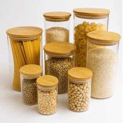 Jogo de Porta-Mantimento de Vidro com Tampa de Bambu - Kit com 9 Peças - Alidolado