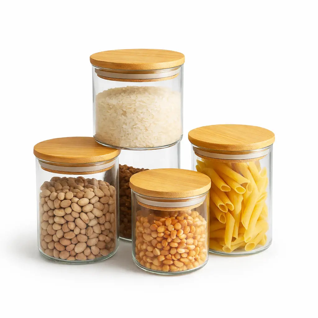 Kit Potes Mantimentos Vidro Herméticos com Tampa de Bambu