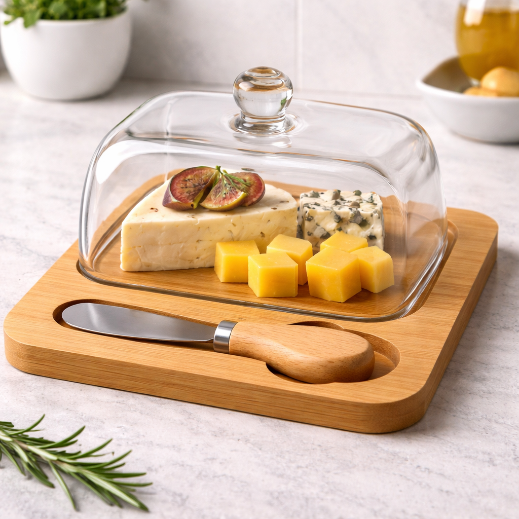 Conjunto para Queijo com Tampa de Vidro e Faca de Bambu Alidolado