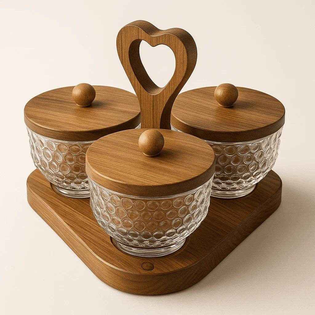 Conjunto de Potes de Vidro com Tampa de Bambu e Bandeja 4 Peças Alidolado - Alidolado