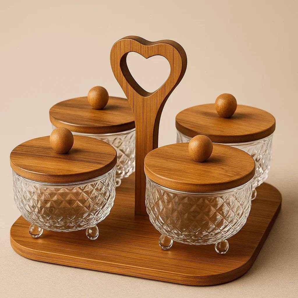 Conjunto de Potes de Vidro com Tampa de Bambu e Bandeja 4 Peças Alidolado - Alidolado