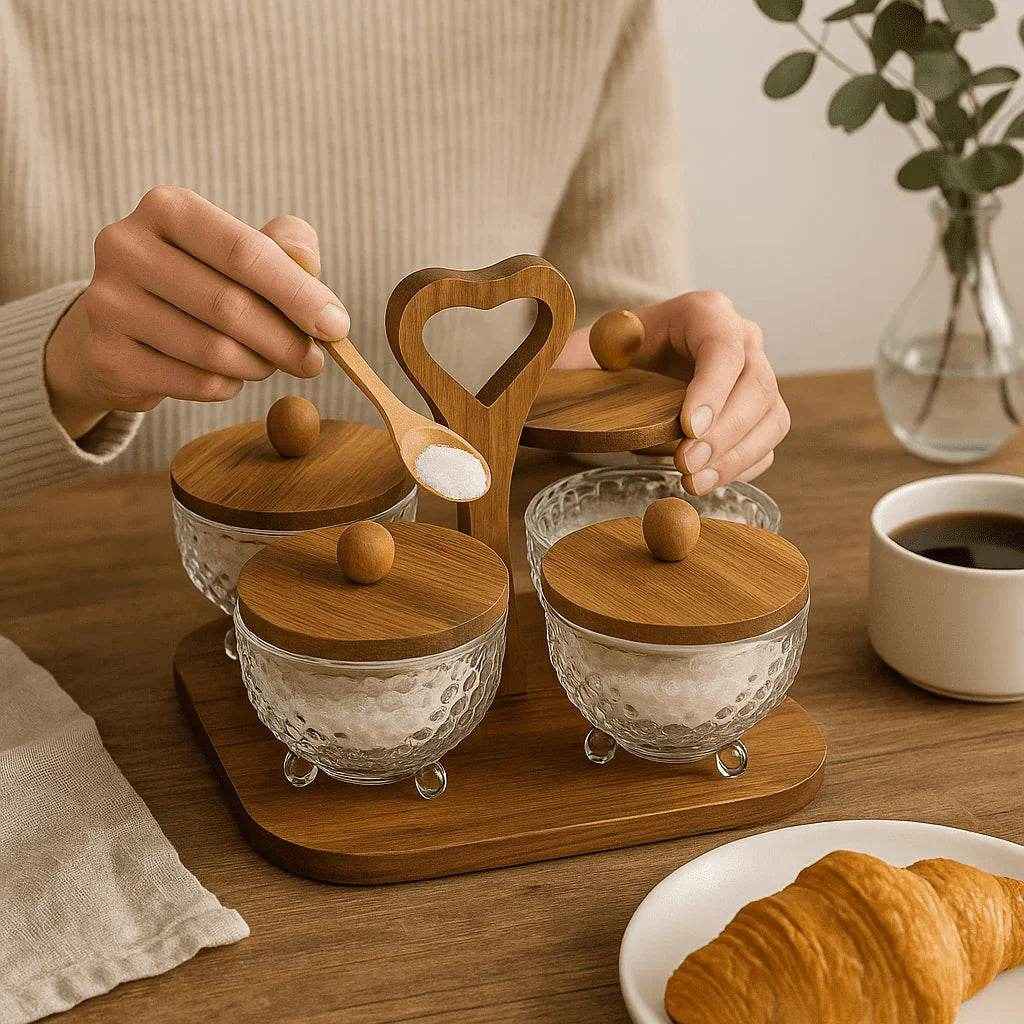 Conjunto de Potes de Vidro com Tampa de Bambu e Bandeja 4 Peças Alidolado - Alidolado