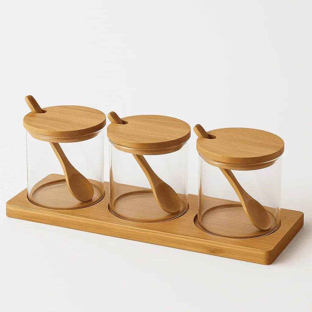Conjunto de Potes de Vidro com Tampa de Bambu 3 Peças Alidolado - Alidolado