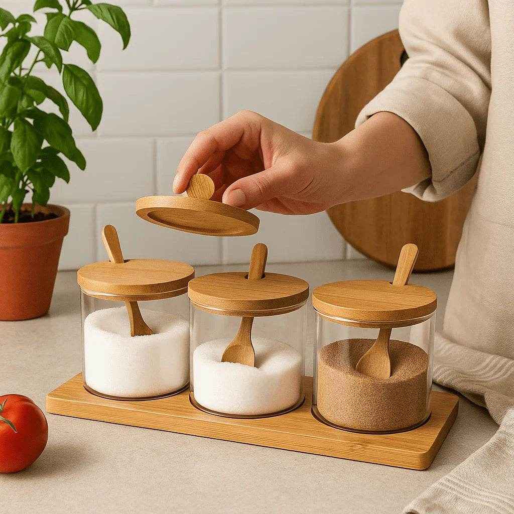 Conjunto de Potes de Vidro com Tampa de Bambu 3 Peças Alidolado - Alidolado