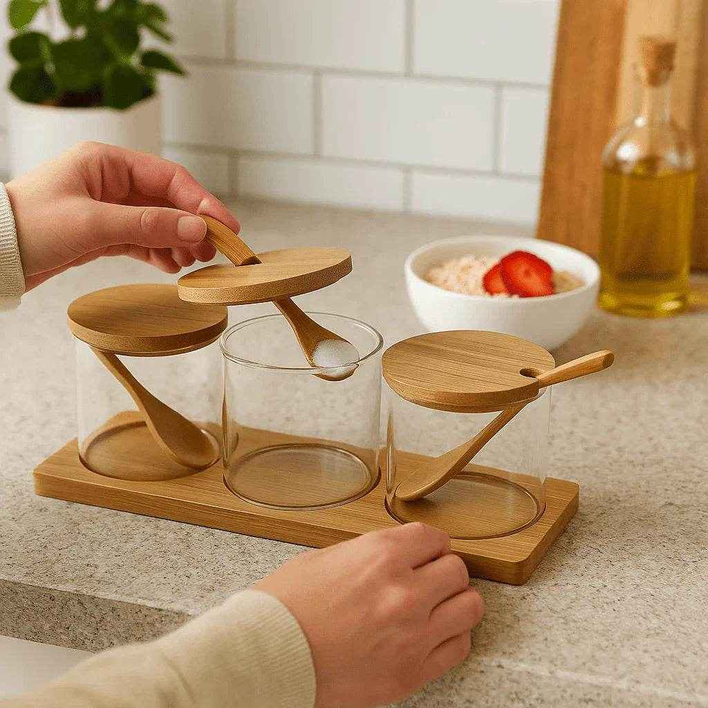 Conjunto de Potes de Vidro com Tampa de Bambu 3 Peças Alidolado - Alidolado