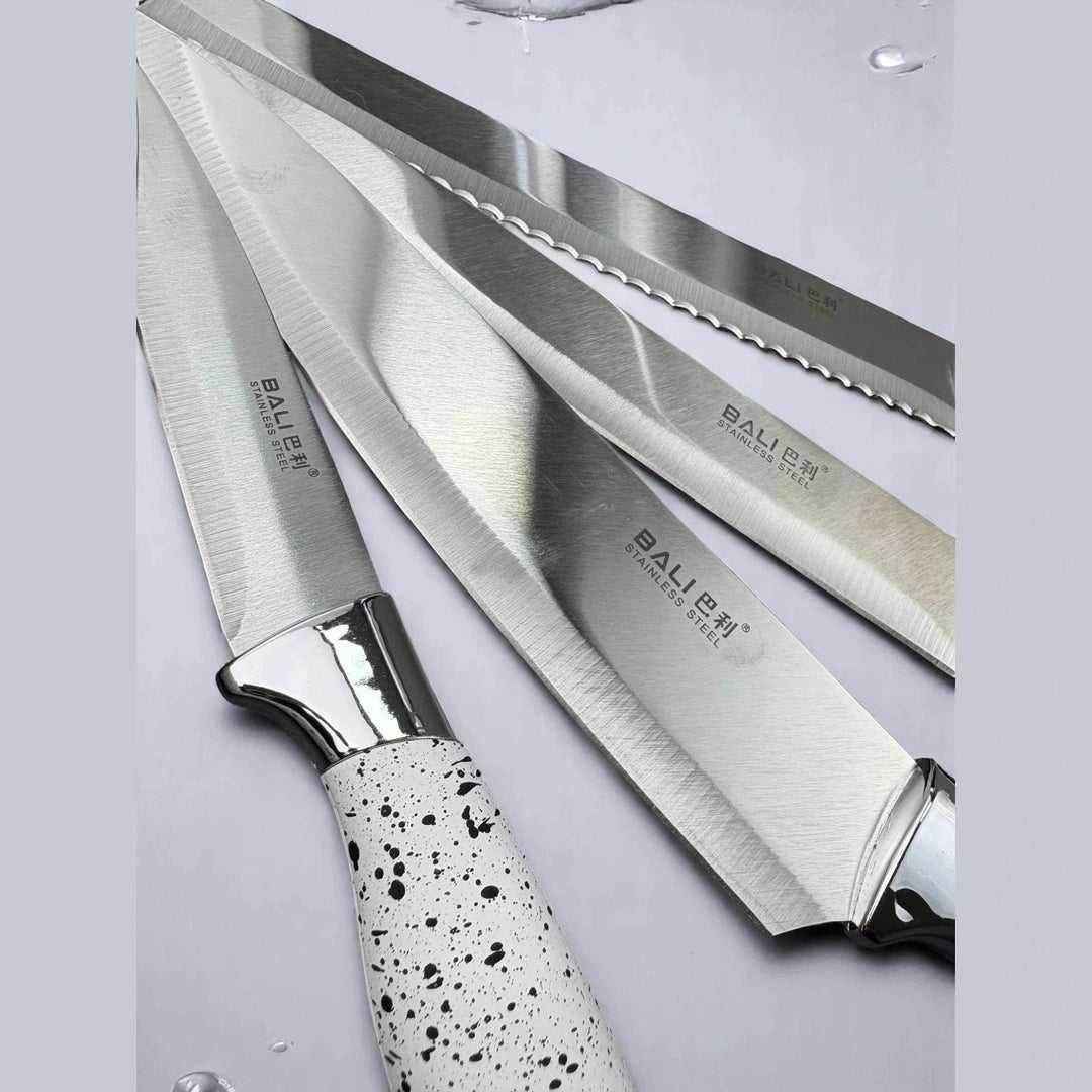 Conjunto de Facas com Cabo Branco Marmorizado e Detalhes Prateados Alidolado - Alidolado