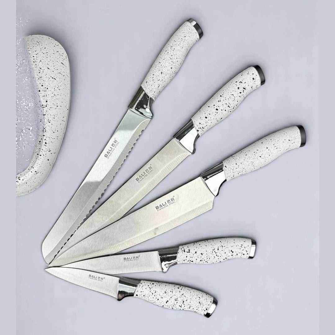 Conjunto de Facas com Cabo Branco Marmorizado e Detalhes Prateados Alidolado - Alidolado