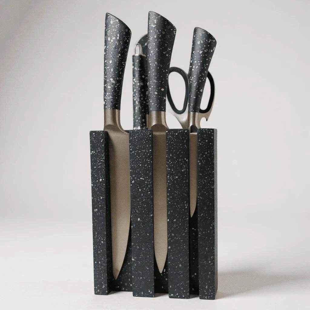 Conjunto de Facas Profissionais com Suporte Marmorizado Preto Alidolado - Alidolado