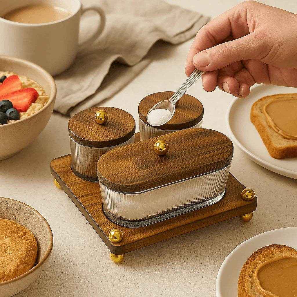 Conjunto de Potes de Vidro com Tampa e Bandeja de Bambu Alidolado - Alidolado