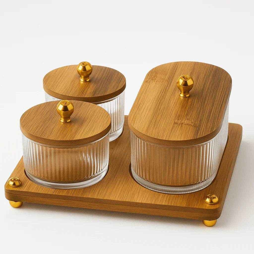 Conjunto de Potes de Vidro com Tampa e Bandeja de Bambu Alidolado - Alidolado