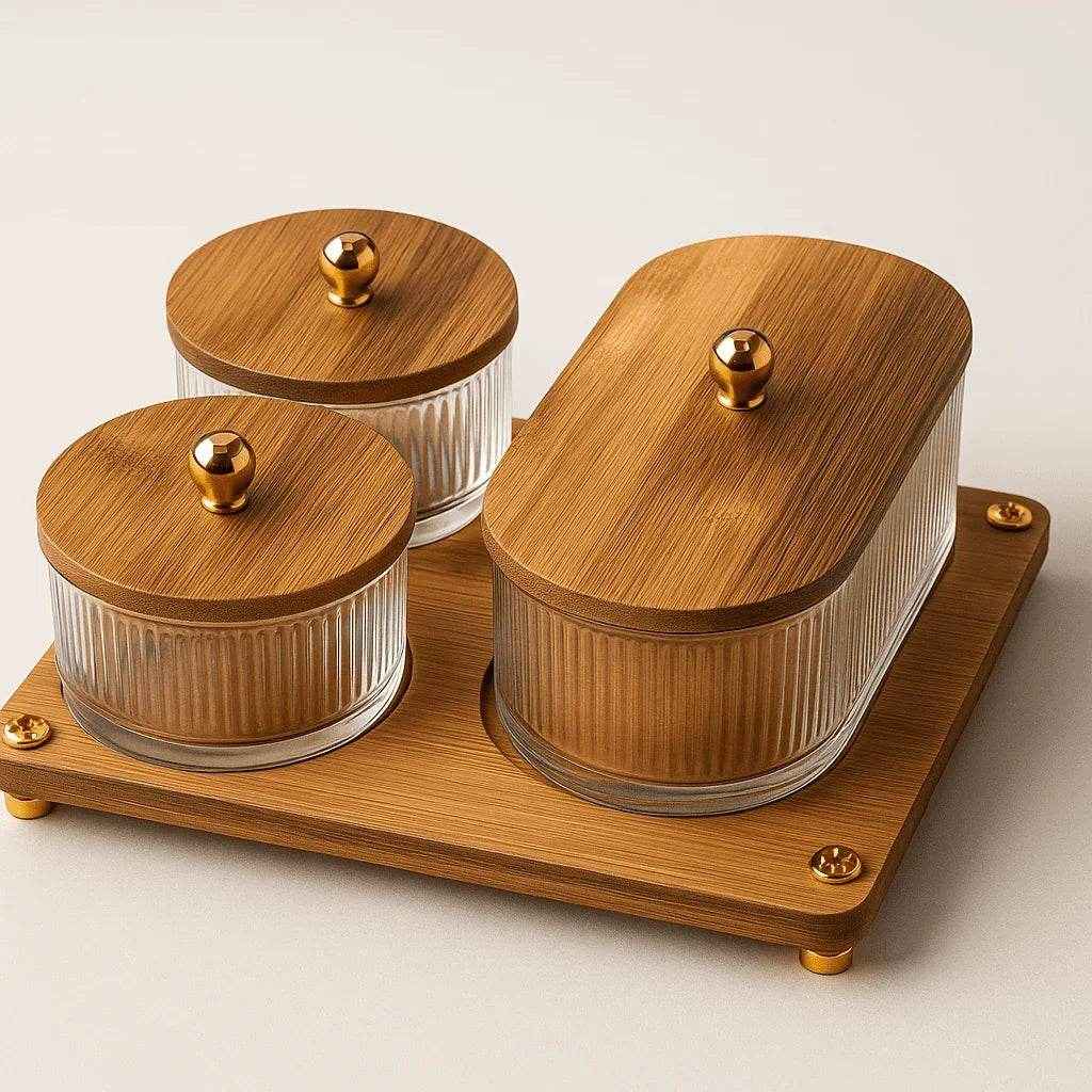 Conjunto de Potes de Vidro com Tampa e Bandeja de Bambu Alidolado - Alidolado
