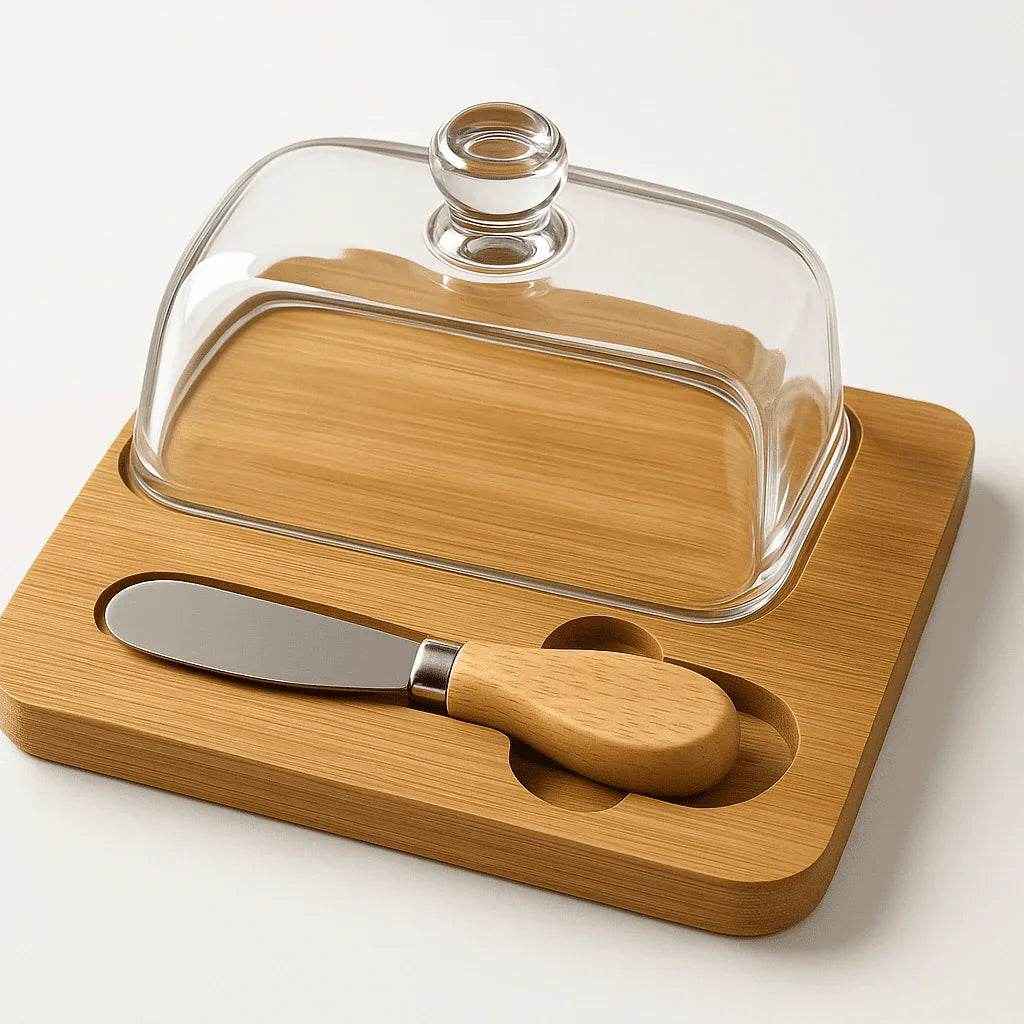 Conjunto para Queijo com Tampa de Vidro e Faca de Bambu Alidolado - Alidolado
