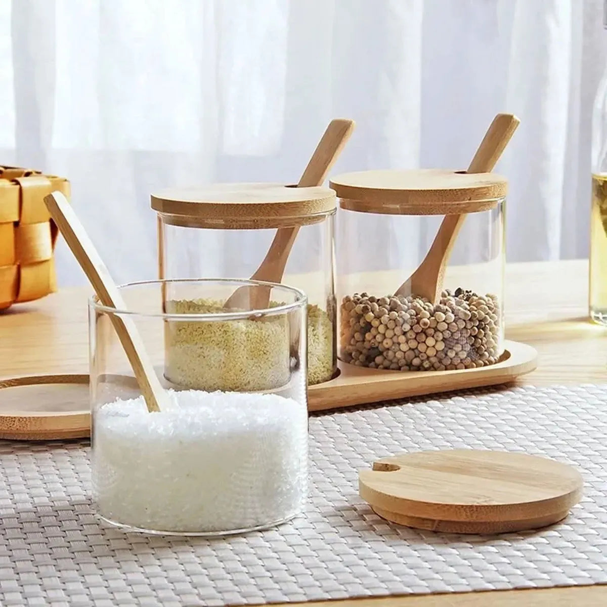 Conjunto 3 Porta Condimentos Vidro E Bambu Com Colher Transparente