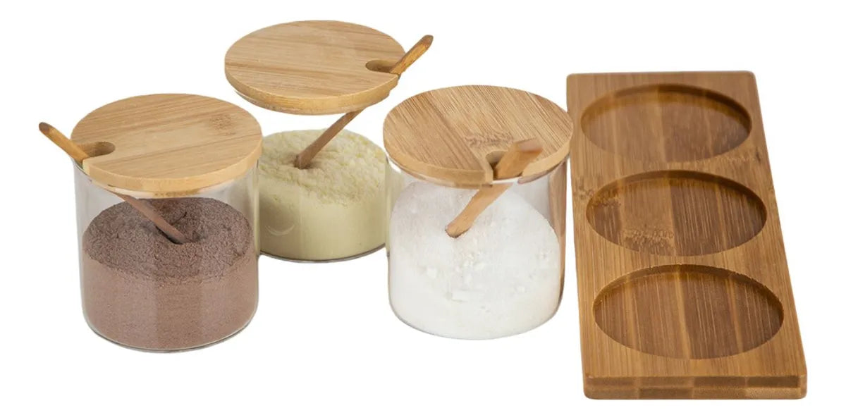Conjunto 3 Porta Condimentos Vidro E Bambu Com Colher Transparente