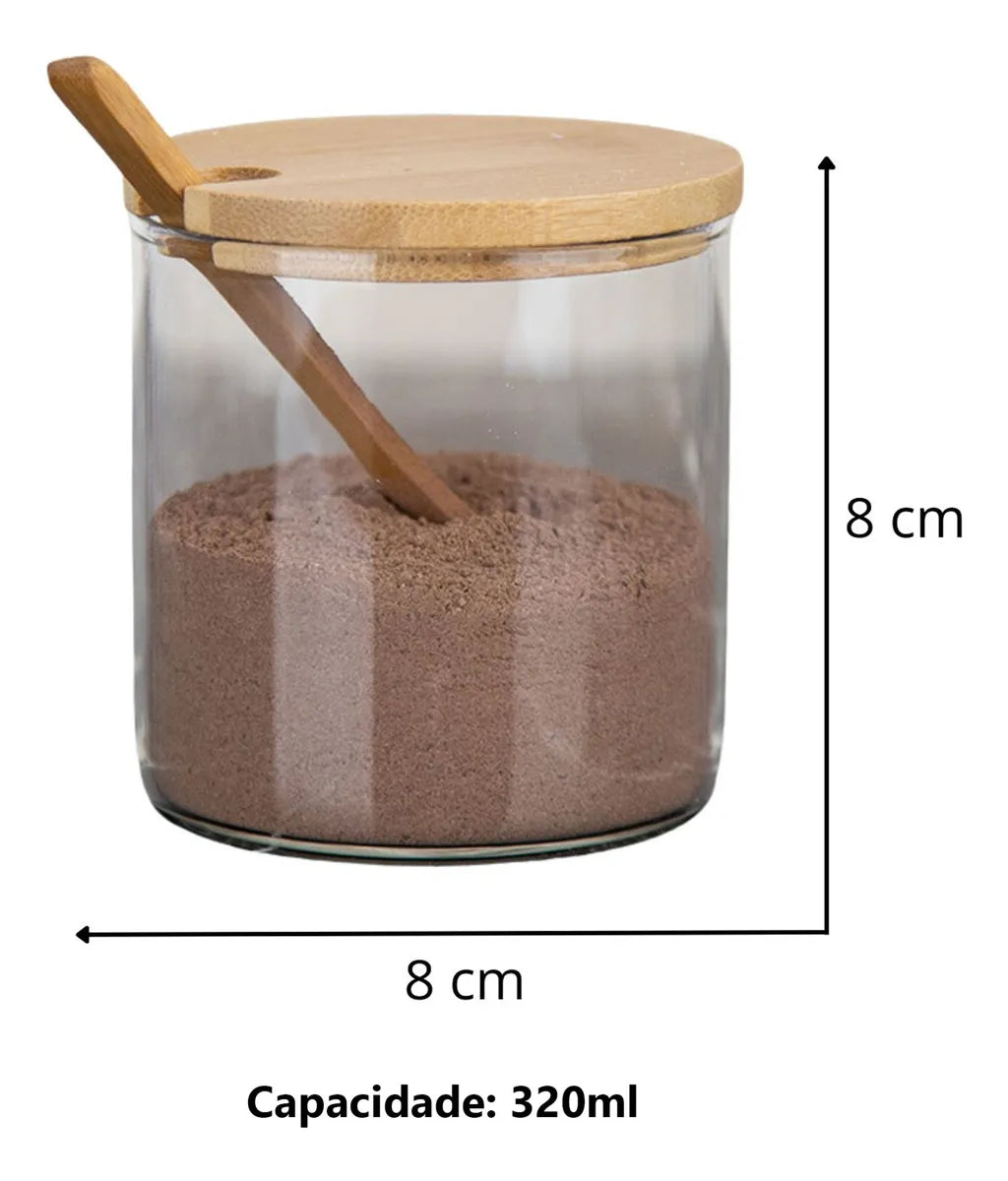 Conjunto 3 Porta Condimentos Vidro E Bambu Com Colher Transparente