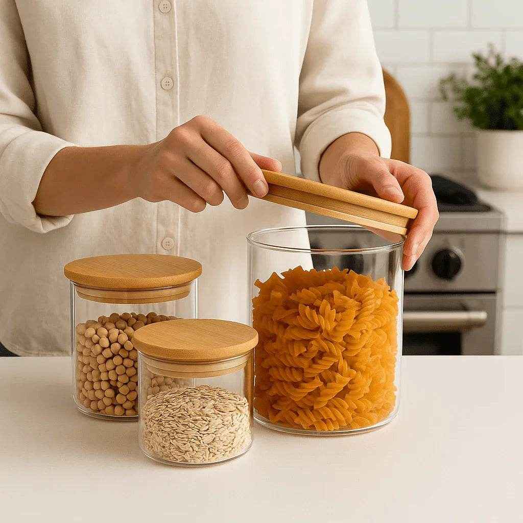 Kit de Potes Herméticos Redondos Tampa de Bambu 3 Peças Alidolado - Alidolado