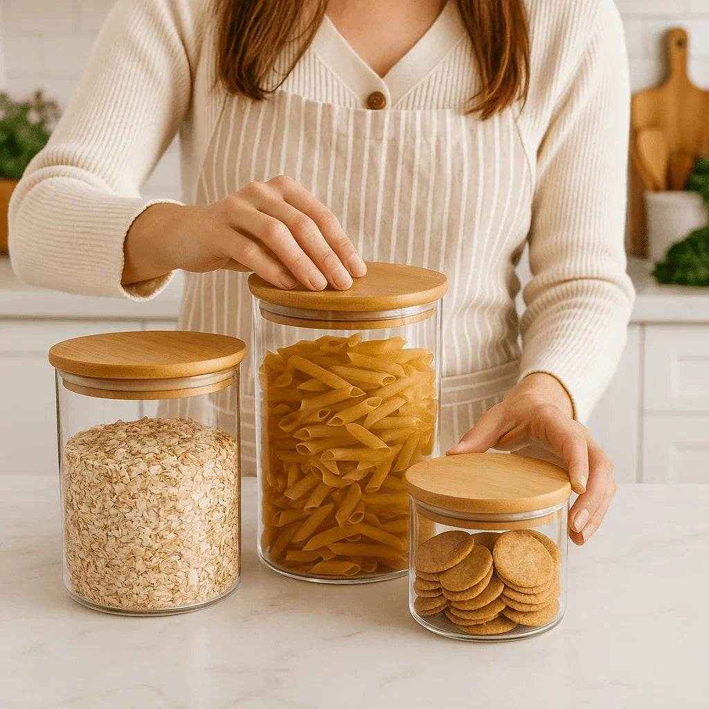 Kit de Potes Herméticos Redondos Tampa de Bambu 3 Peças Alidolado - Alidolado
