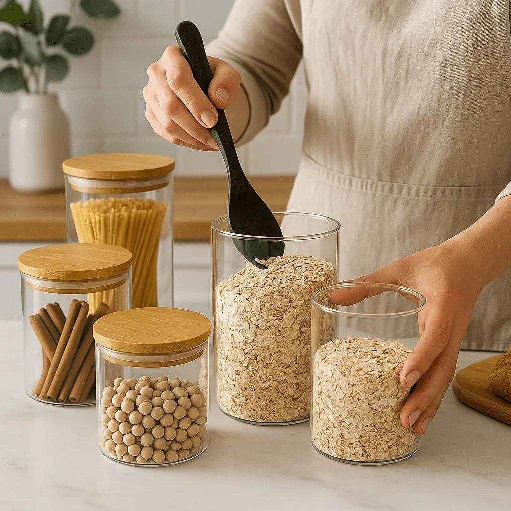 Kit Completo Potes de Vidro com Tampa de Bambu Alidolado - Alidolado