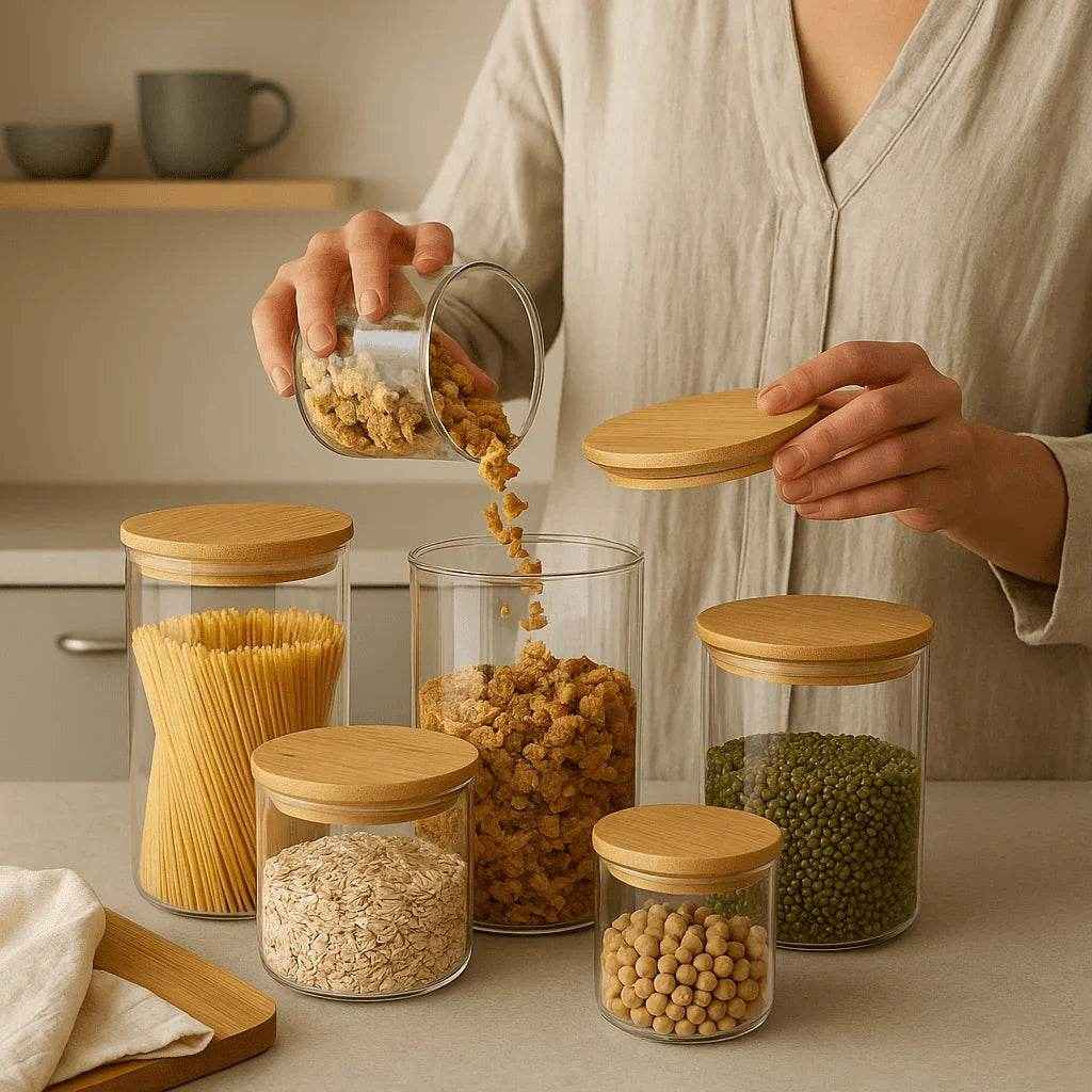 Kit Completo Potes de Vidro com Tampa de Bambu Alidolado - Alidolado