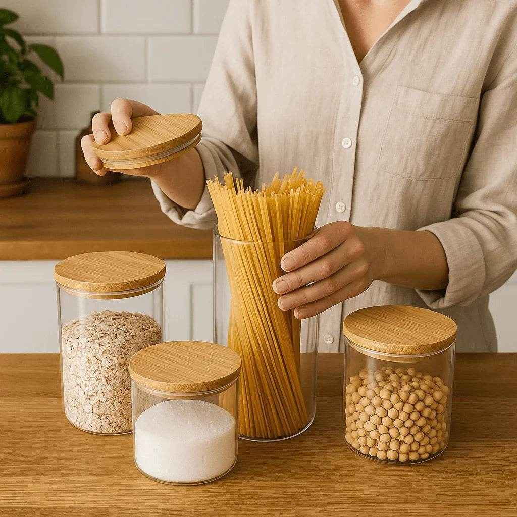 Kit Completo Potes de Vidro com Tampa de Bambu Alidolado - Alidolado