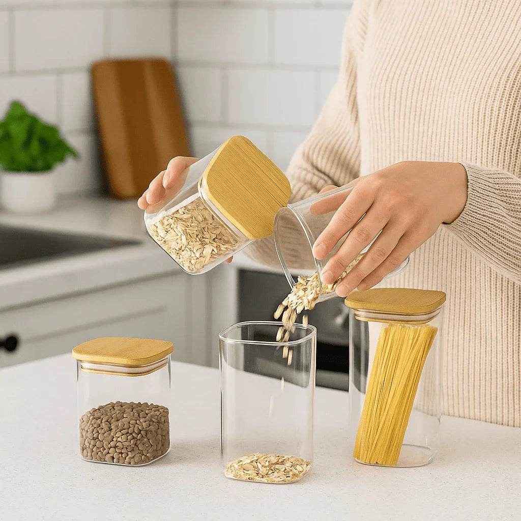 Kit de Potes Herméticos Quadrados Tampa de Bambu 3 Peças Alidolado - Alidolado