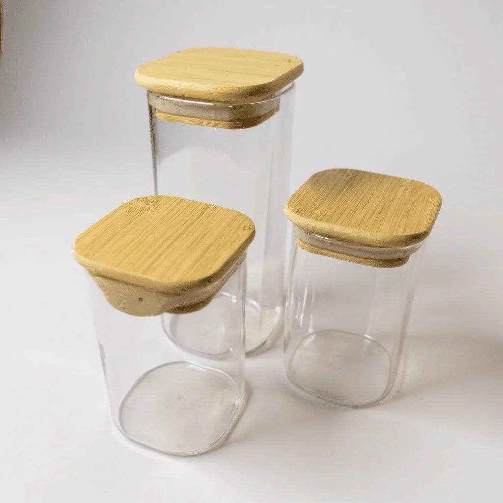Kit de Potes Herméticos Quadrados Tampa de Bambu 3 Peças Alidolado - Alidolado