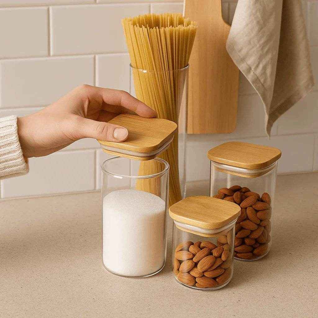 Kit de Potes Herméticos Quadrados Tampa de Bambu 3 Peças Alidolado - Alidolado
