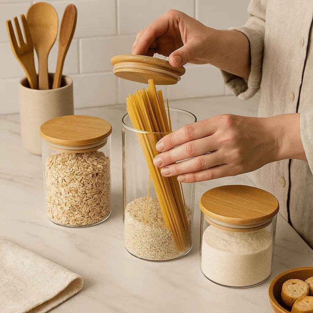 Kit com 3 Potes Herméticos com Tampa de Bambu alidolado