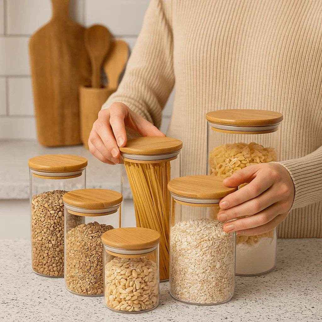 Jogo de Porta-Mantimento de Vidro com Tampa de Bambu - Kit com 9 Peças - Alidolado