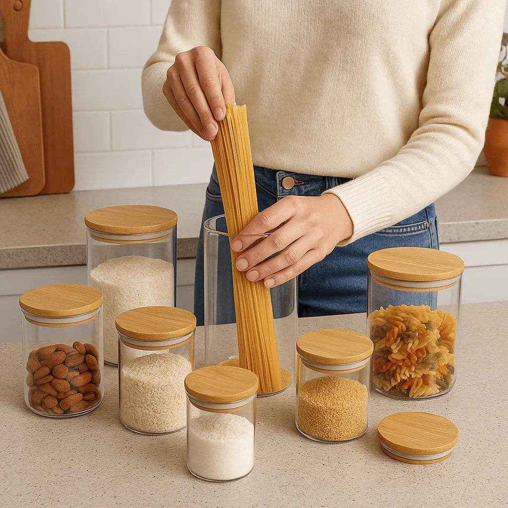 Jogo de Porta-Mantimento de Vidro com Tampa de Bambu - Kit com 9 Peças - Alidolado