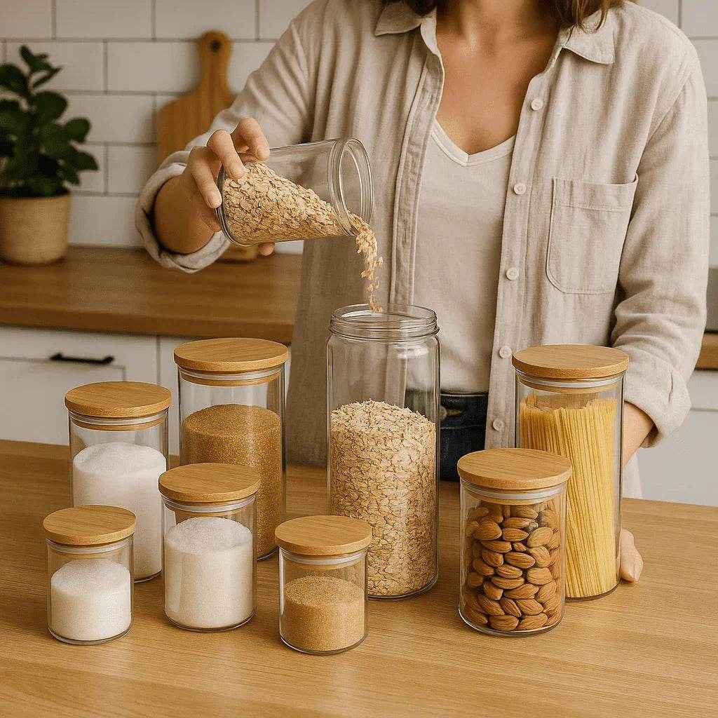 Jogo de Porta-Mantimento de Vidro com Tampa de Bambu - Kit com 9 Peças - Alidolado