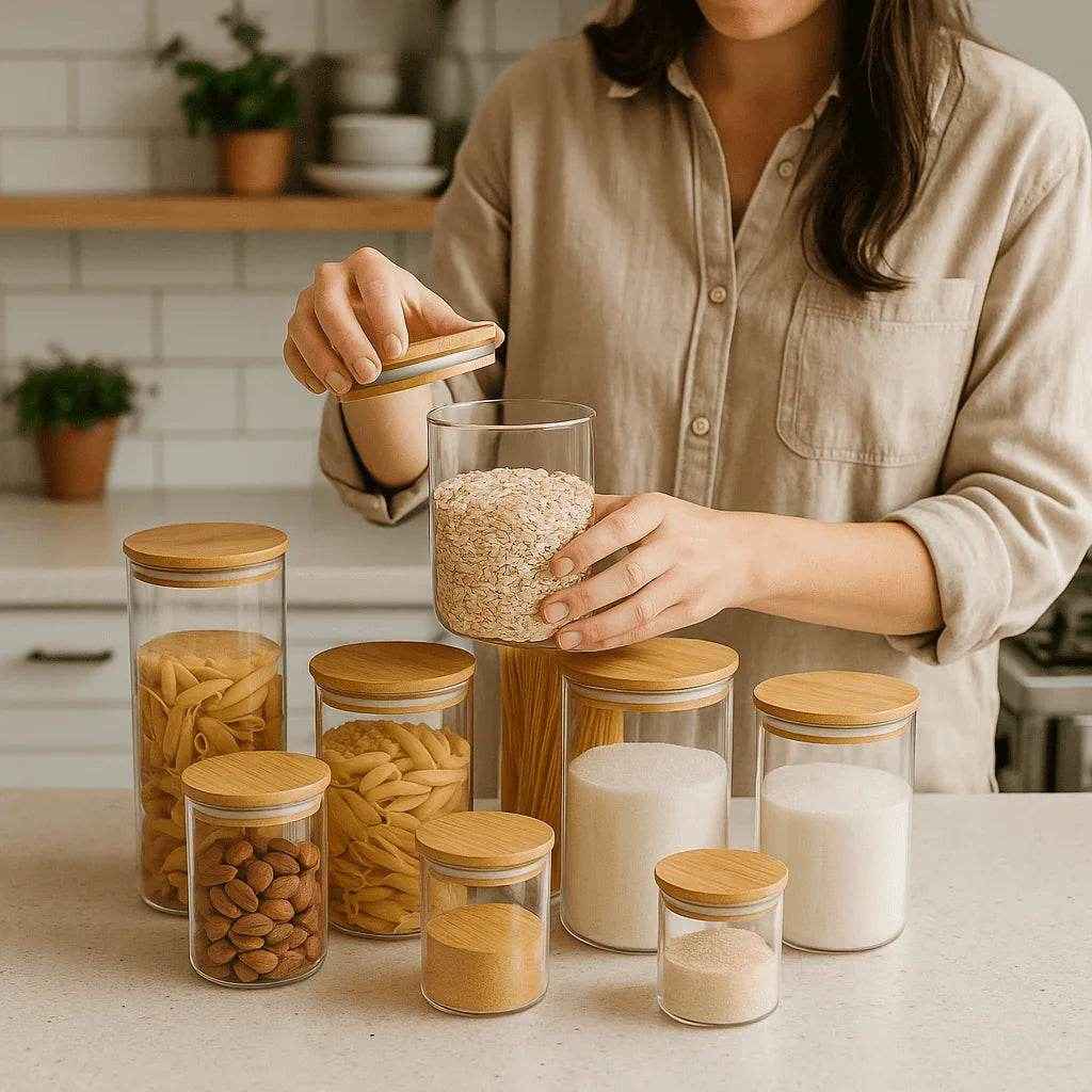 Jogo de Porta-Mantimento de Vidro com Tampa de Bambu - Kit com 9 Peças - Alidolado