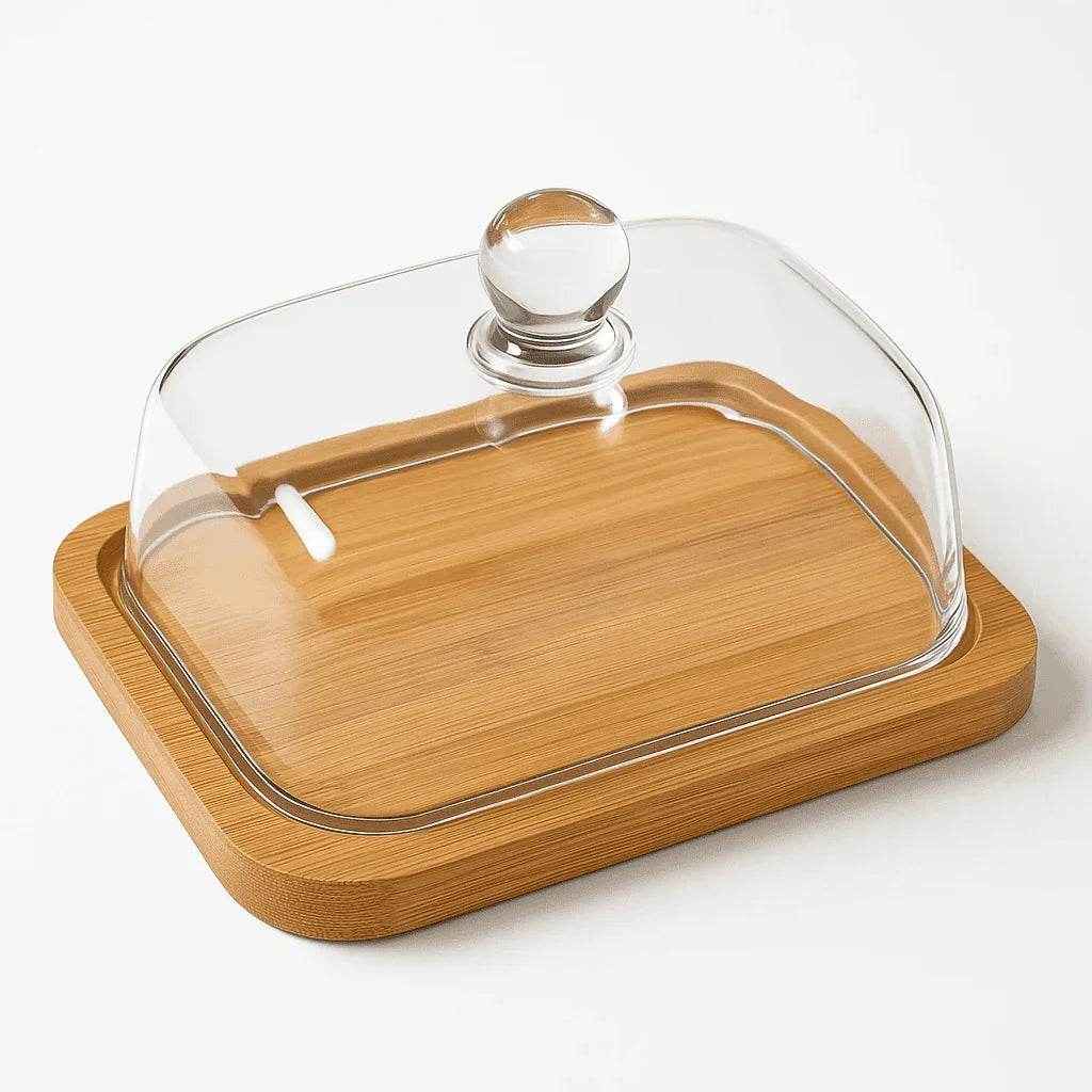 Manteigueira com Tampa de Vidro e Base de Madeira Alidolado - Alidolado