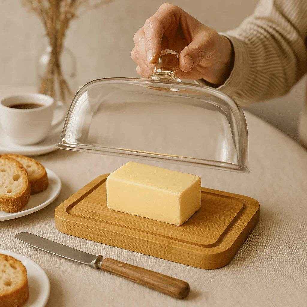 Manteigueira com Tampa de Vidro e Base de Madeira Alidolado - Alidolado