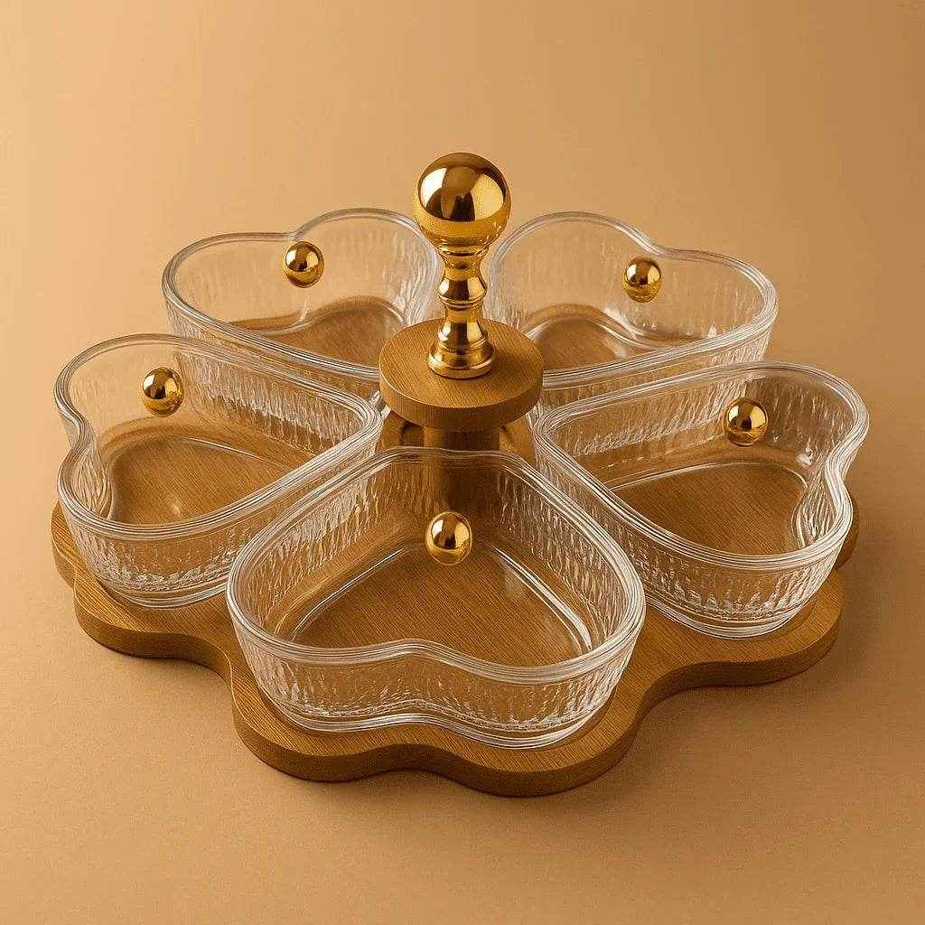 Petisqueira Giratória de Bambu com 5 Divisórias de Vidro Alidolado - Alidolado