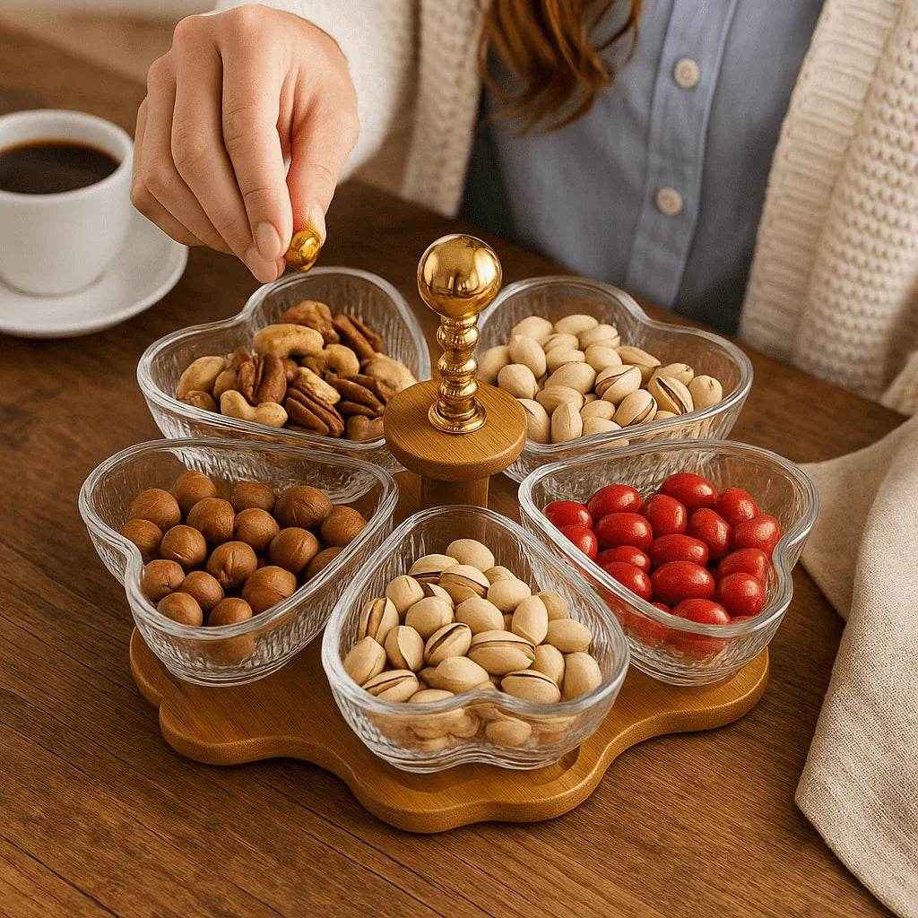 Petisqueira Giratória de Bambu com 5 Divisórias de Vidro Alidolado - Alidolado