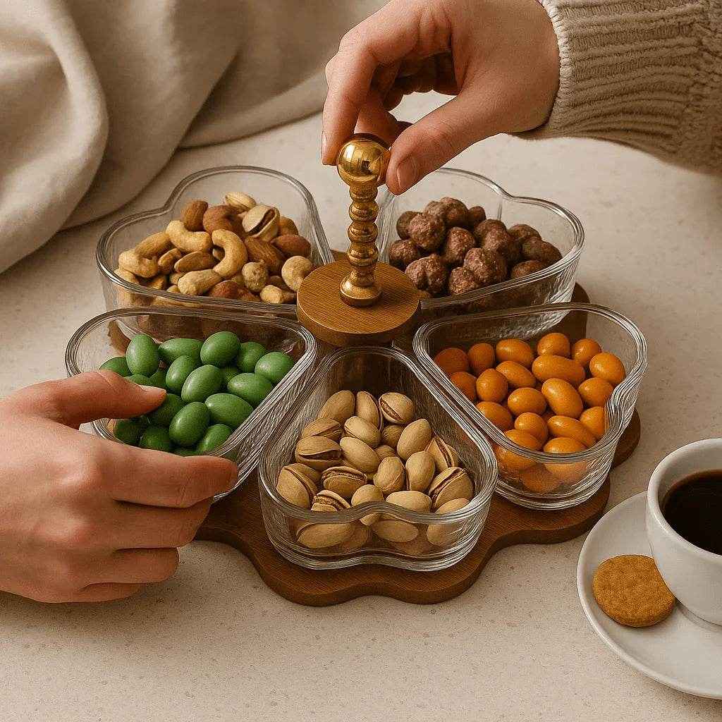 Petisqueira Giratória de Bambu com 5 Divisórias de Vidro Alidolado - Alidolado