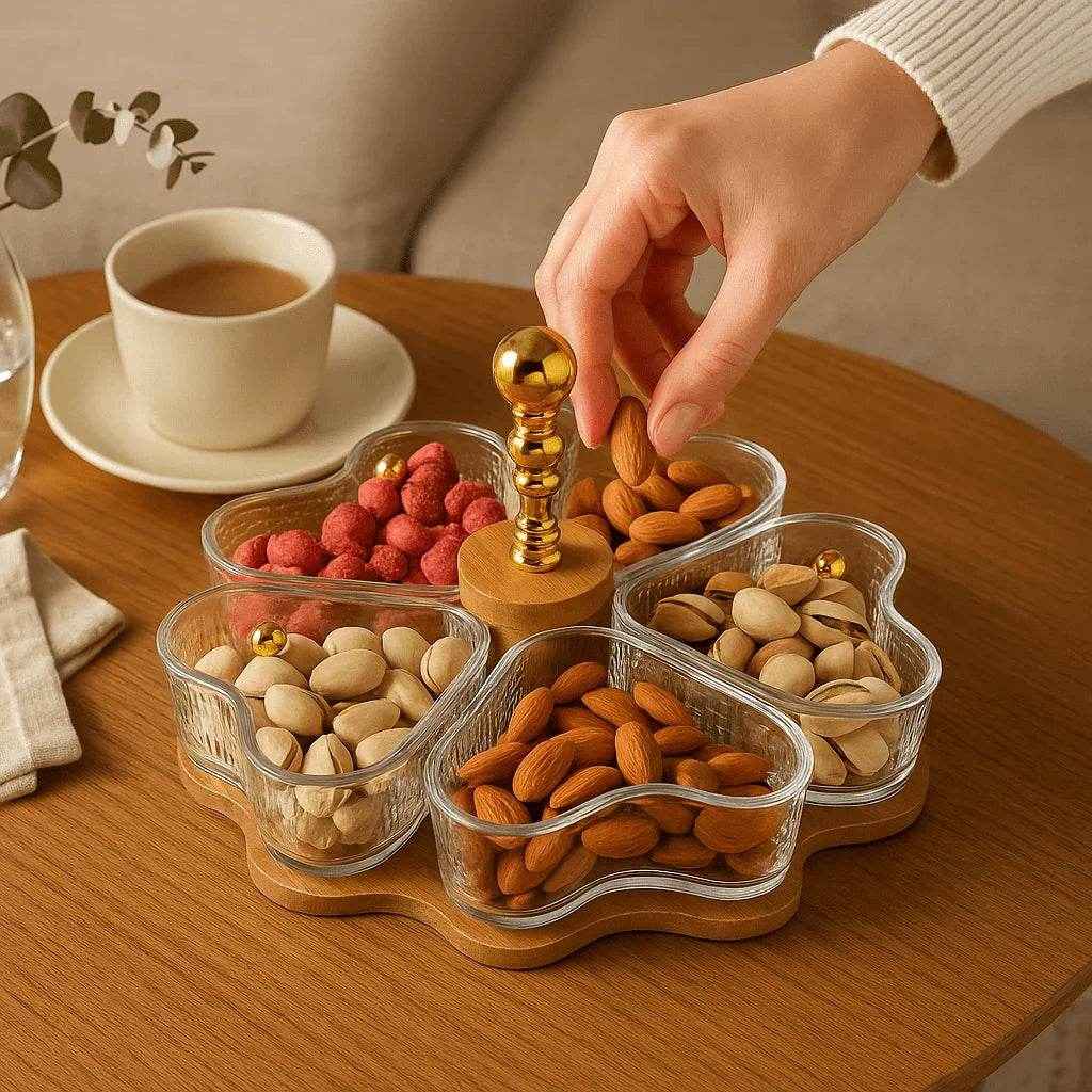 Petisqueira Giratória de Bambu com 5 Divisórias de Vidro Alidolado - Alidolado