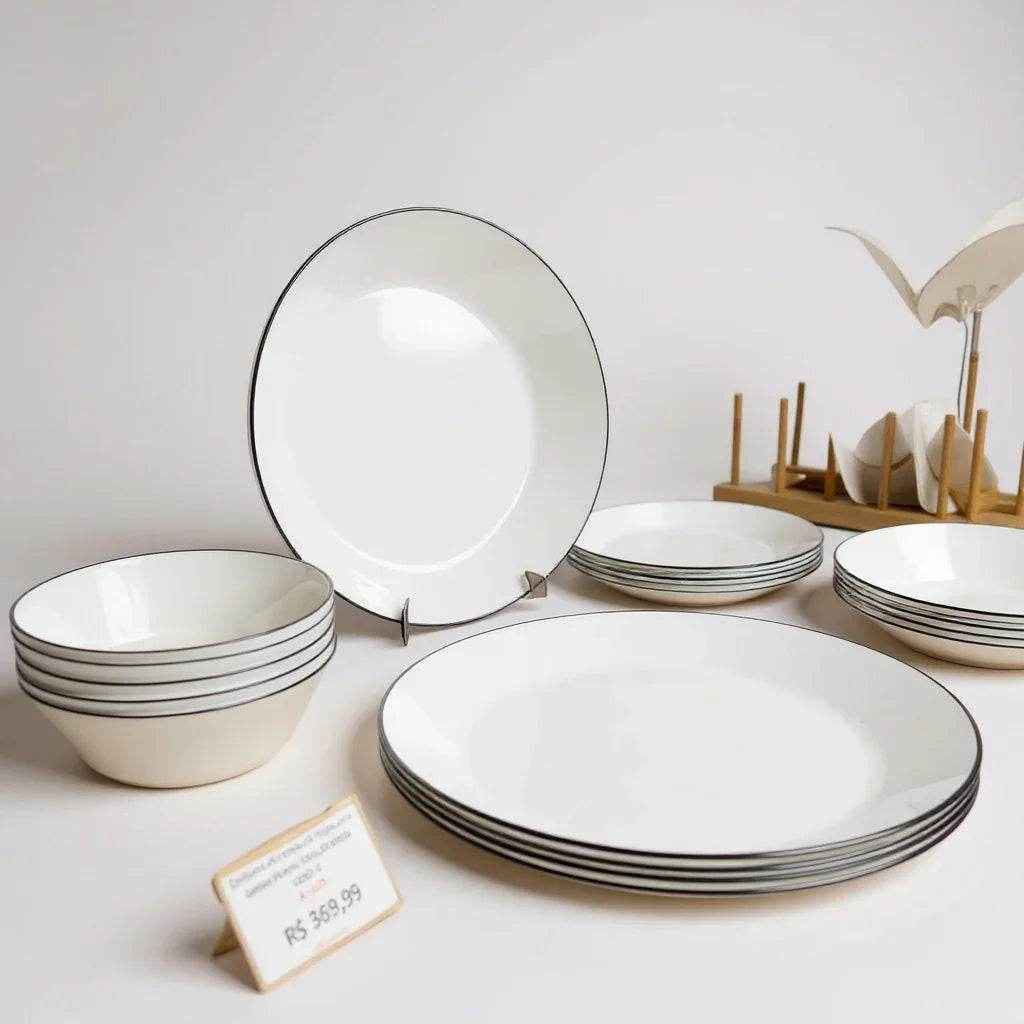 Jogo de Pratos Brancos com Borda Preta – 24 Peças - Alidolado
