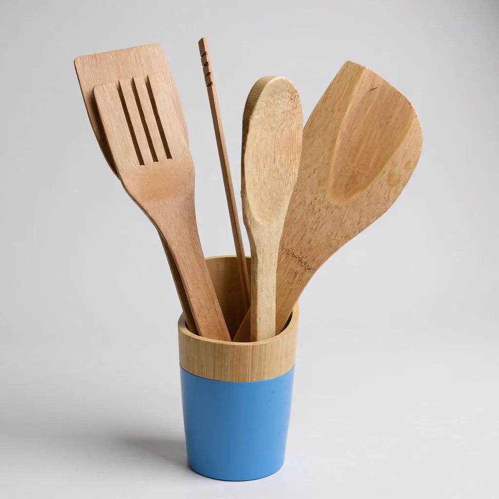 Conjunto de Utensílios de Cozinha em Bambu com Suporte – 6 Peças - Alidolado