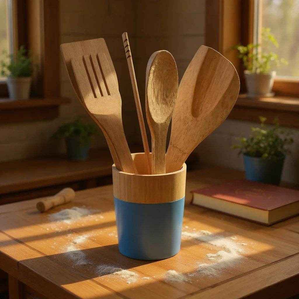 Conjunto de Utensílios de Cozinha em Bambu com Suporte – 6 Peças - Alidolado