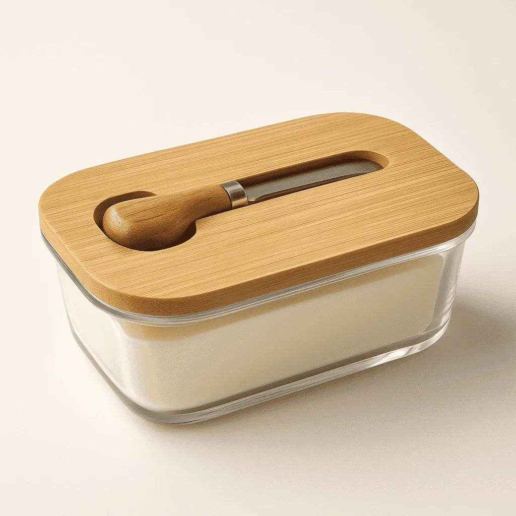 Manteigueira de Vidro com Tampa e Faca de Bambu Alidolado - Alidolado